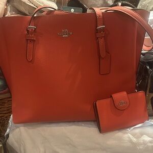 COACH, BEAUTIFUL CORAL pebble, leather tote /also a matching wallet